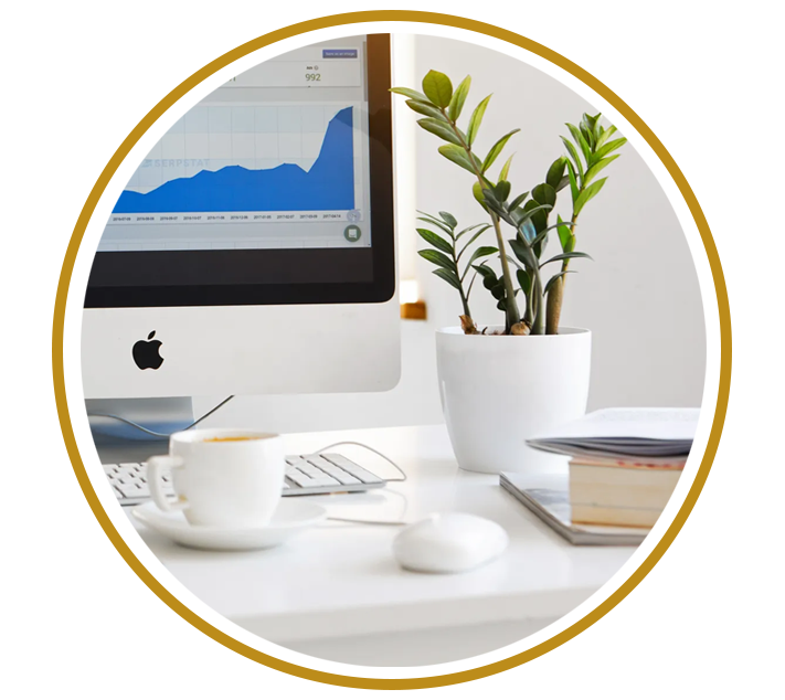 Desk with computer, tea, book, plant